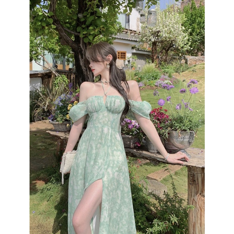 Váy đầm maxi 2dây trễ vai đi biển hoa  đẹp đi chơi hở lưng dáng dài rộng bigsize bikini sang chảnh Hàn Quốc 9656 DK1T304