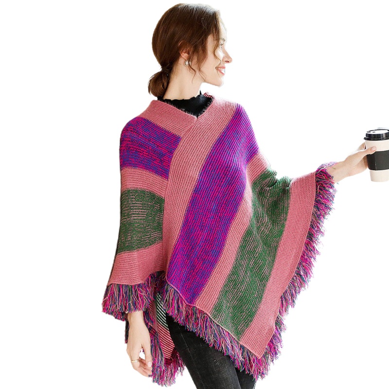 Áo Choàng Len Chui Đầu Họa Tiết Kẻ Sọc Phối Tua Rua Màu Sắc Dân Tộc Cho Nữ | BigBuy360 - bigbuy360.vn