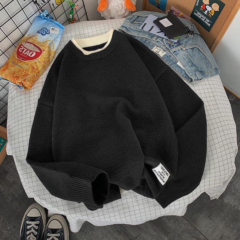 ✦ AFFLIGA ✦Áo sweater Dệt Kim Màu Trơn Thoáng Khí Phong Cách Hàn Quốc Thời Trang Cho Nam