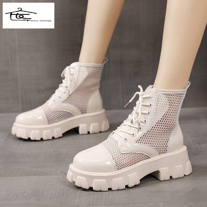 Giày boot ống thấp đế vừa phối lưới rỗng thoáng khí kiểu mùa hè phong cách mùa hè nước Anh trẻ trung dành cho nữ