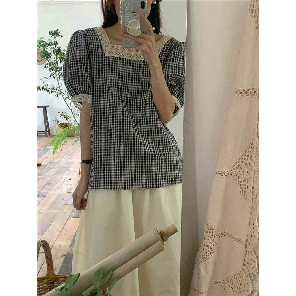 Áo Sơ Mi Nữ Tay Ngắn Kẻ Sọc Caro Phối Ren 54808