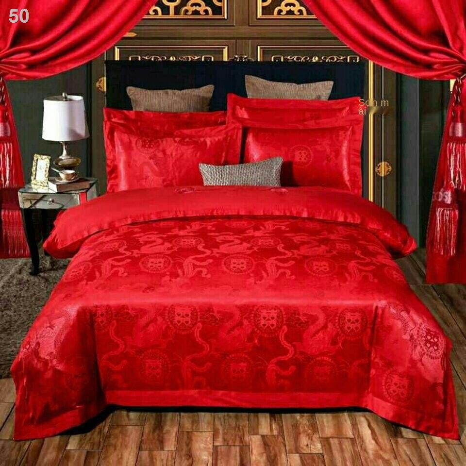 2021 ✗♚❀Nairni đám cưới cotton tinh khiết satin jacquard bộ bốn mảnh bông màu đỏ đơn đôi chăn ga gối đệm