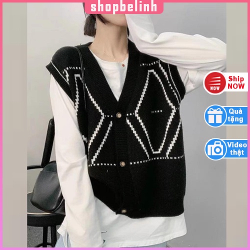 Áo gile len sweater cổ V dáng rộng oversize, hoạ tiết trám đóng cúc hàng dệt kim, gile len hàng mới 2021 - shopebelinh