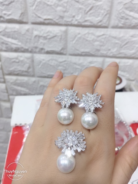 Khuyên tai mặt dây chuyền bông tuyết đính Ngọc trai nhân tạo bạc thật xi kim cỡ to