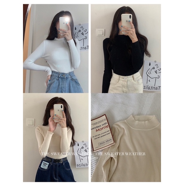 [Mã 2611THTRANG100K hoàn 10% xu đơn 99K] Áo len tăm cổ cao 3 phân màu trơn co dãn ( Ảnh thật )