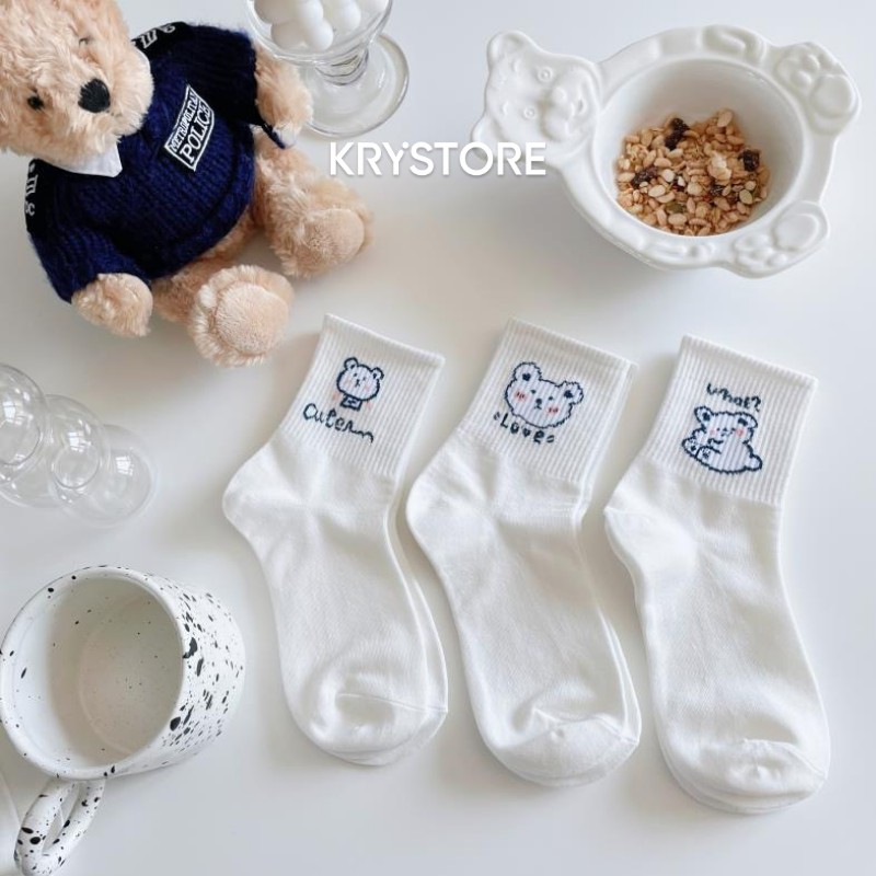 Tất vớ cổ cao trắng hình Gấu Cute chất Cotton đẹp Krystore TC24