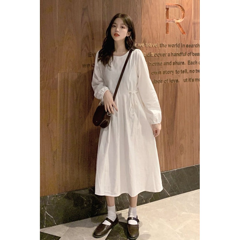 Váy xòe dáng dài tay dây rút eo đơn giản Hàn Quốc Có ảnh thật