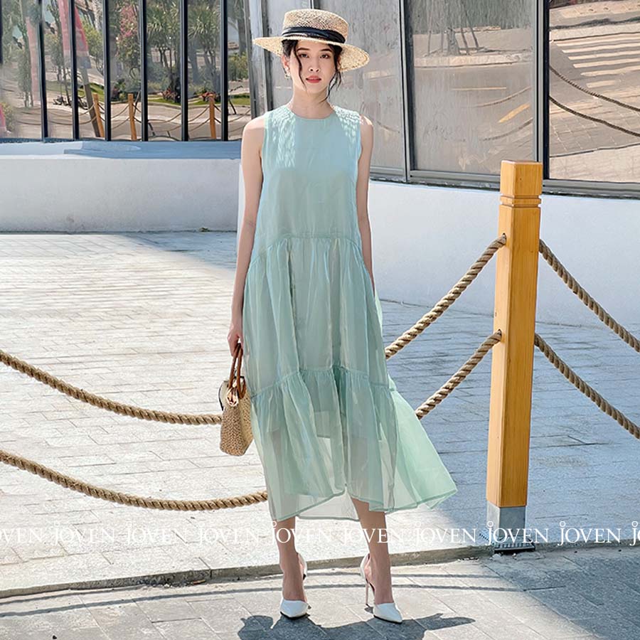 Đầm maxi, váy đi biển xanh lá sang chảnh lụa organza cao cấp JOVEN, thiết kế tầng xòe suông dáng dài, đi biển đi dạo phố