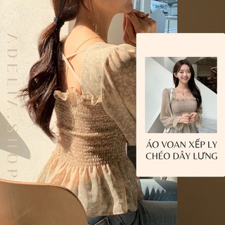 Áo voan xếp ly cổ vuông chéo dây lưng họa tiết hoa nhí Hàn Quốc, Áo kiểu chất chiffon xinh xắn dành cho bạn gái