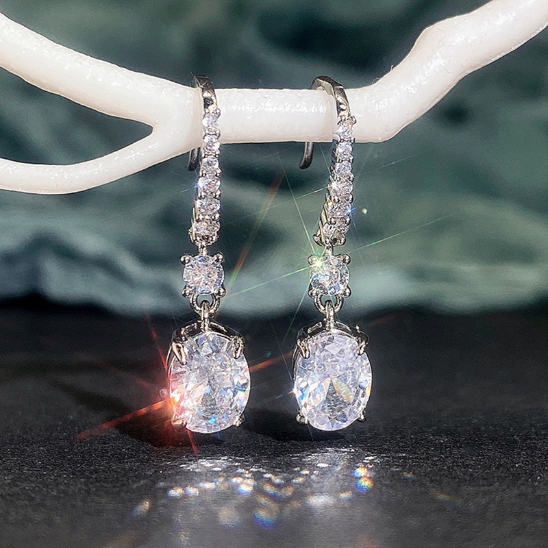 Khuyên Tai Dáng Dài Mặt Oval Màu Trắng/Vàng/Hồng Thời Trang Cho Nữ