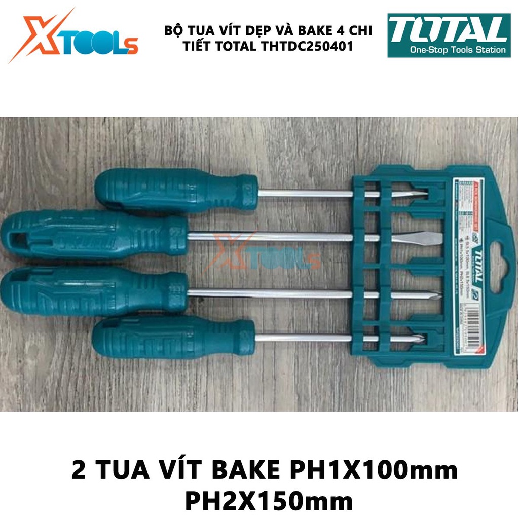 Bộ tuốc nơ vít dẹp và bake 4 chi tiết TOTAL THTDC250401 | dùng để siết chặt hoặc gỡ bỏ ốc vít [CHÍNH HÃNG] [XTOOLs]