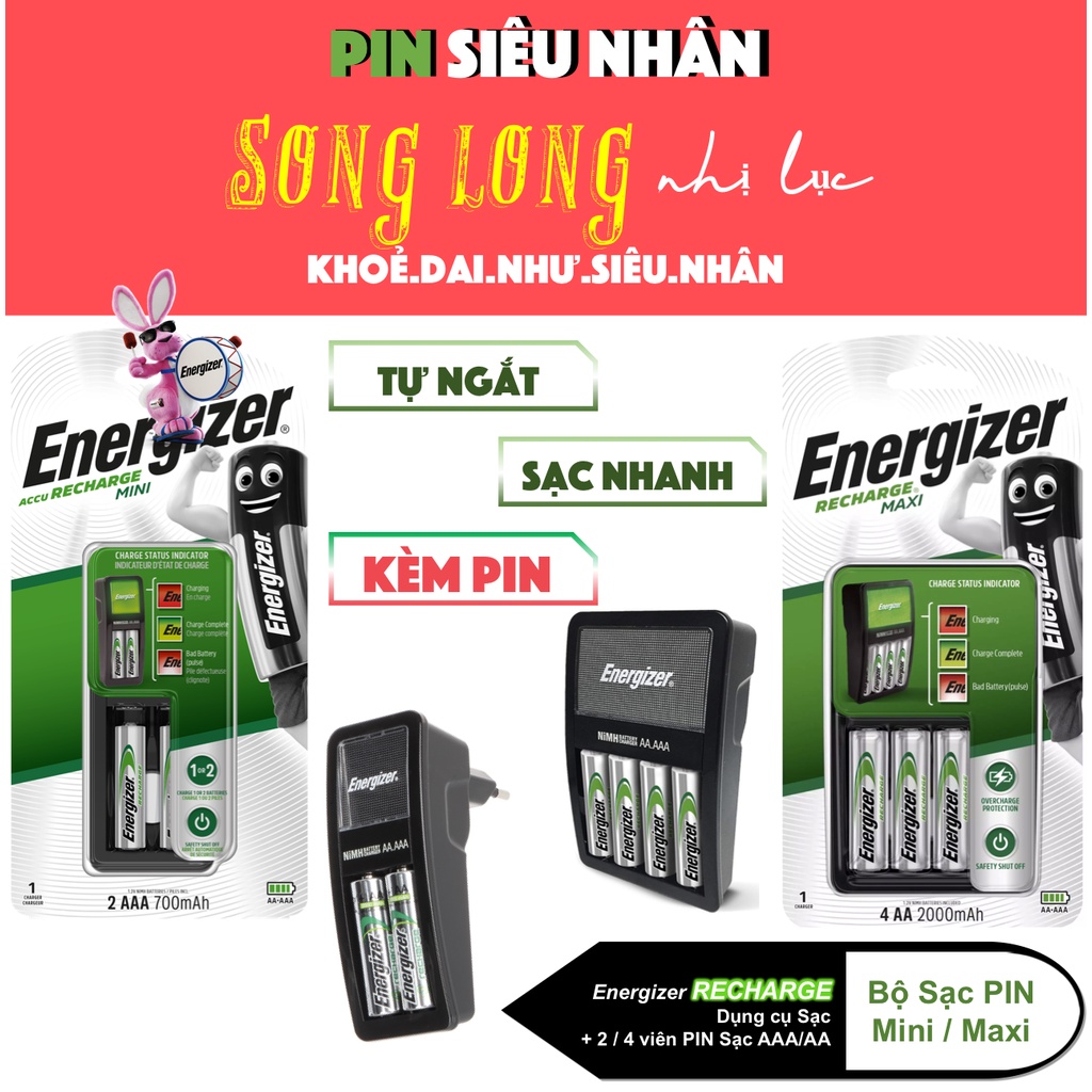 Bộ SẠC PIN AA / AAA Tự ngắt, Size Lớn và Nhỏ, kèm 2-4 viên Pin Sạc AA / AAA Energizer