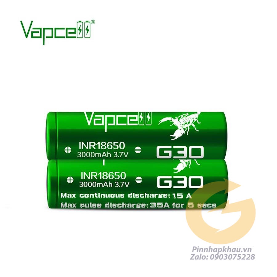 Pin sạc 18650 Vapcell G30 xã 35A trong 5s, xã liên tục 15A dung lượng 3000mah cho thiết bị xã cao tức thời