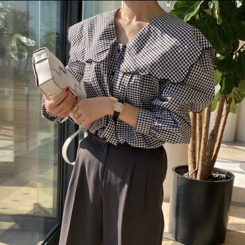 Áo Sơ Mi Tay Dài Họa Tiết Sọc Caro Phong Cách Hàn Quốc 198525 Áo Sơ Mi Dáng Rộng Cổ Bẻ Màu Xanh Navy Thời Trang Cho Tuổi Trung Niên