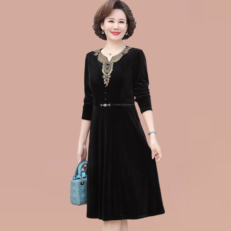 Váy Nhung Đỏ Nữ Đầm Nhung Dài Qua Gối Tay Dài Phong Cách Mới Xuân Thu Cho Phụ Nữ Trung Niên