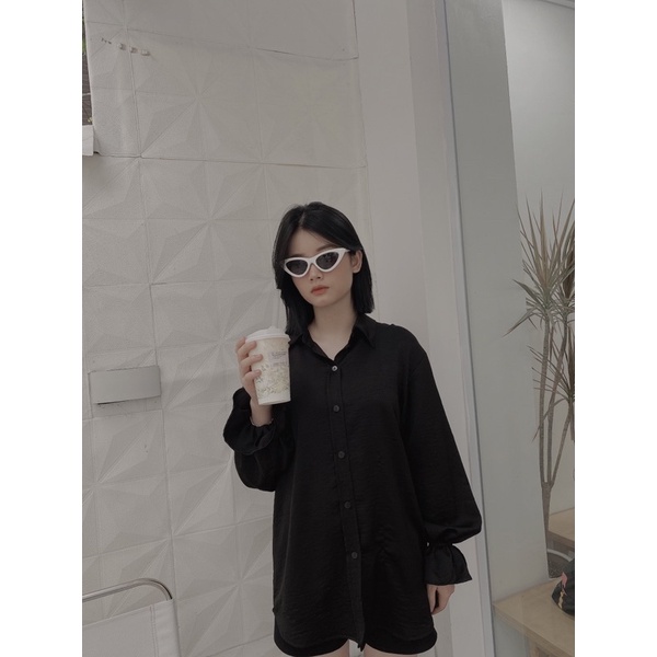 Áo sơ mi hở lưng form rộng tay ống loe, Sơ mi form rộng khoét lưng 3 màu trắng, đen, hồng sen size S M L