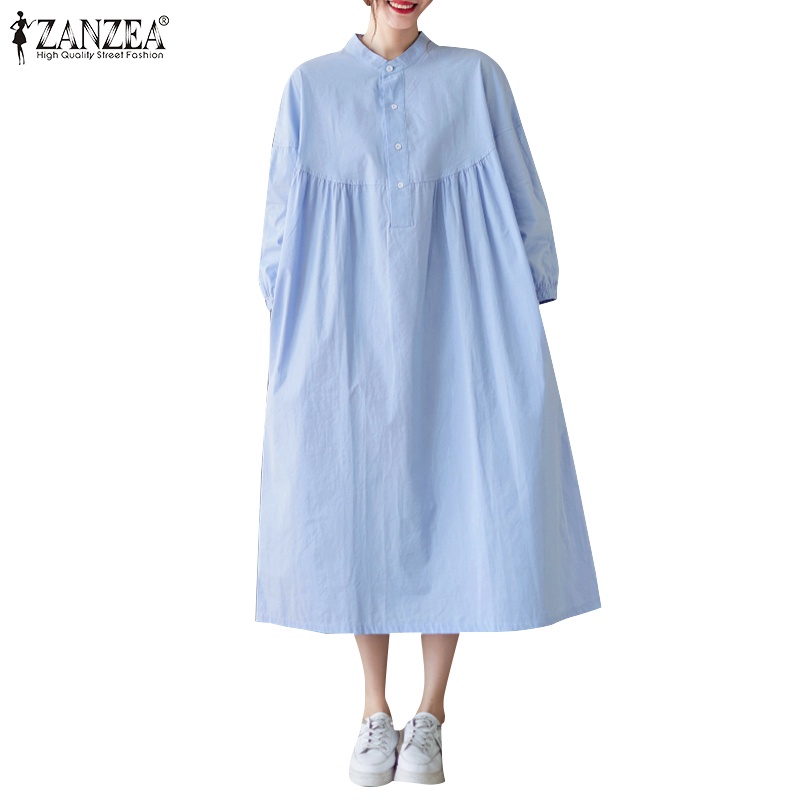 Đầm ZANZEA dài tay dài cổ đứng màu trơn phong cách Hàn Quốc thời trang cho nữ