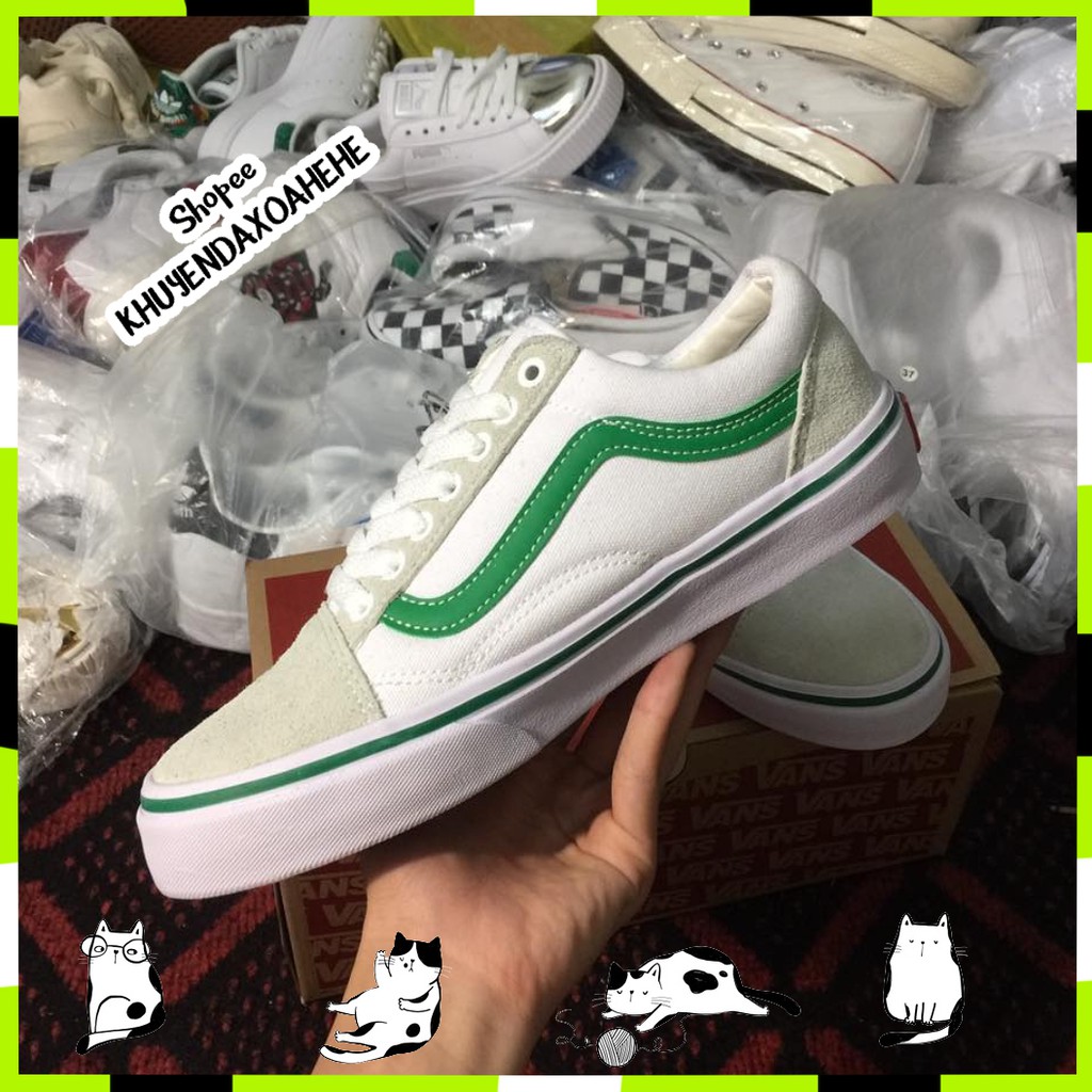 Giày V old skool tắng vạch xanh lá, mũi da lộn xám, giày thể thao nam nữ buộc dây