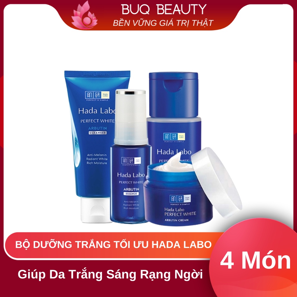 Combo Trọn Bộ dưỡng trắng da tối ưu Hada Labo Perfect White Xanh (sữa rửa mặt + dung dịch + tinh chất + kem) Chính Hãng