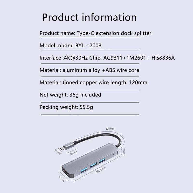 Trạm Sạc Byl-2008N Type-C 4k Video Hd Usb3.0X3 + Hdmi | BigBuy360 - bigbuy360.vn