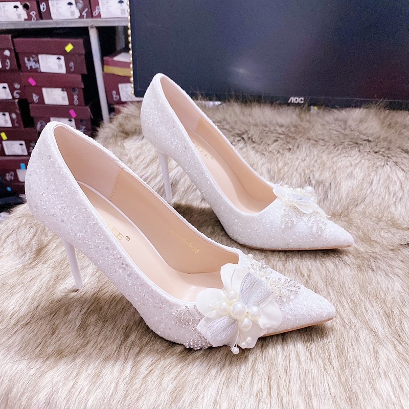 GIÀY CƯỚI SEQUINT ĐÍNH HOA NGỌC HANDMADE, GIÀY CƯỚI CÔ DÂU CÓ SẴN
