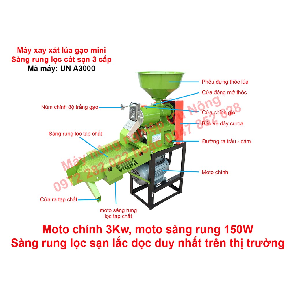 Máy xay xát lúa gạo mini gia đình có sàng rung lọc cát sạn 3 cấp cải tiến mới 2021
