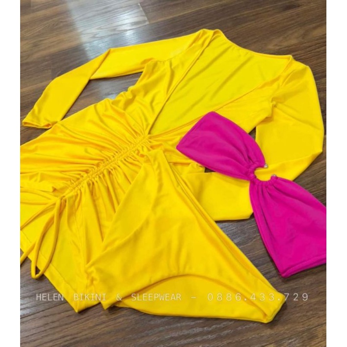 Bikini nữ bộ bơi đồ bơi đi biển set 3 món tay dài váy rút EVA