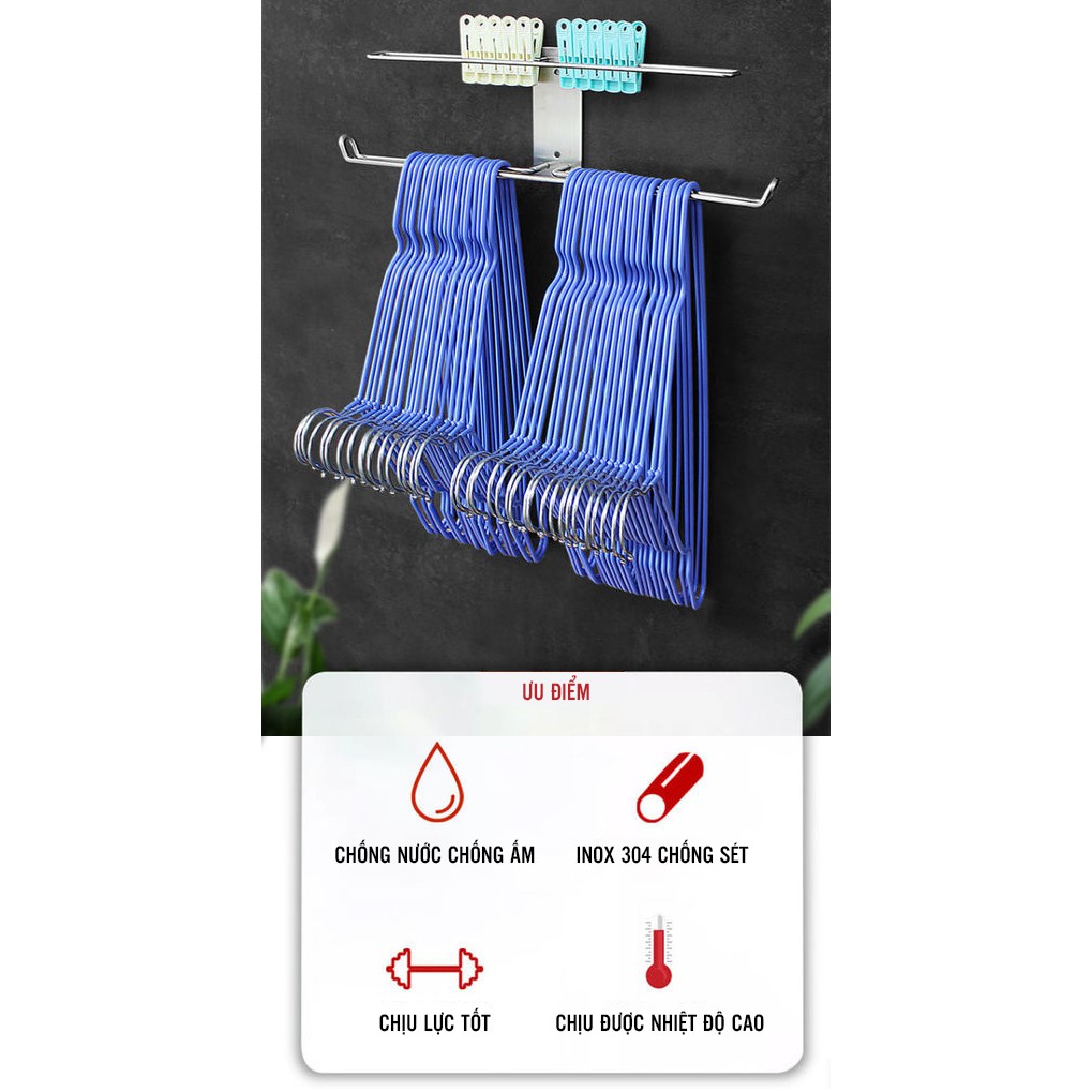 Giá treo móc áo kẹp áo dán tường dài 30 và 40cm 2 tầng treo được 50 móc áo chất liệu inox cao cấp