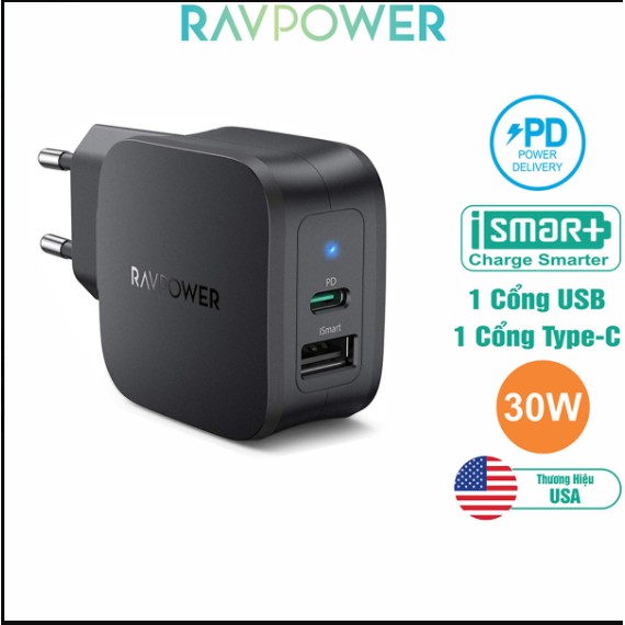 Củ sạc 30W RAVPower RP-PC132 - 1 Cổng USB 12W Và 1 Type-C PD 18W - Hàng Chính Hãng