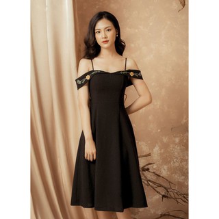 Đầm dự tiệc 2 dây trễ vai màu đen 3 size e-1220