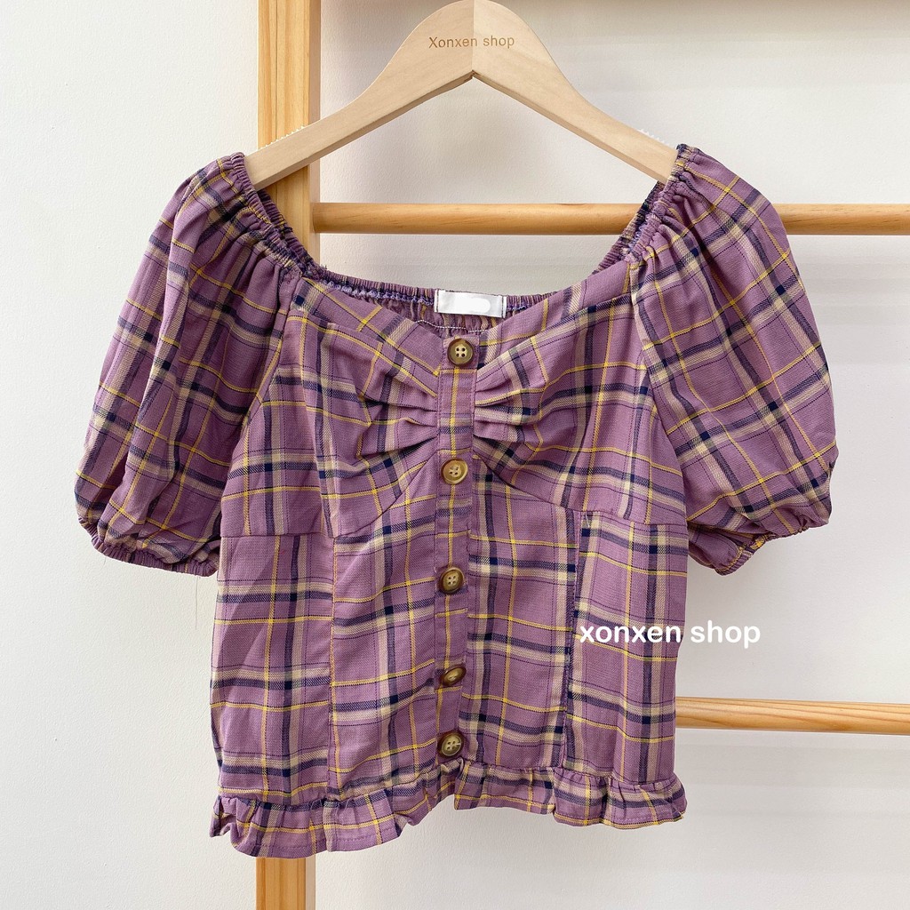 Áo kiểu croptop caro trễ vai, Xonxen shop chất vải mềm mịn giá iu thương mã 60