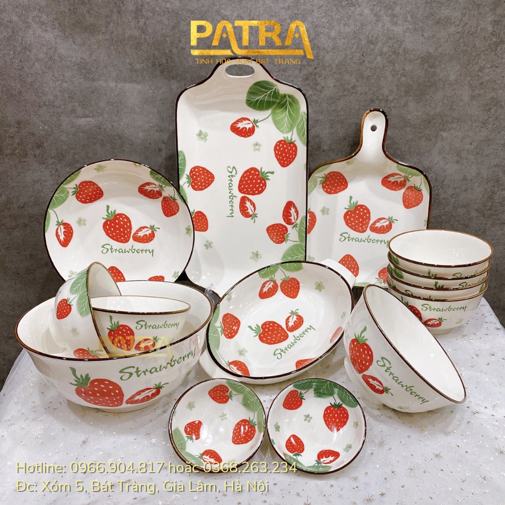 Bộ bát đĩa sứ ăn cơm, bộ chén dĩa decor đẹp họa tiết dâu tây siêu xinh