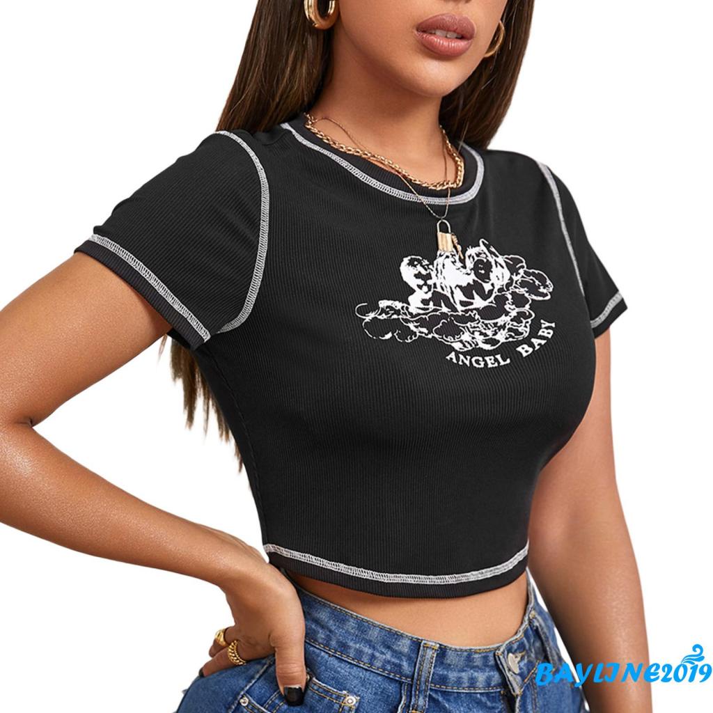 Áo Thun Croptop Cổ Tròn Tay Ngắn In Hình Thiên Thần Nhỏ Dành Cho Nữ