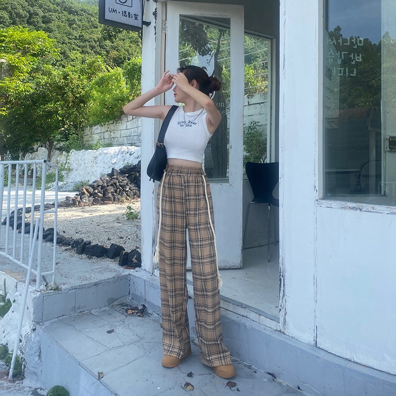 Quần dài SUXI lưng cao ống rộng họa tiết sọc caro phong cách vintage thời trang cho nữ