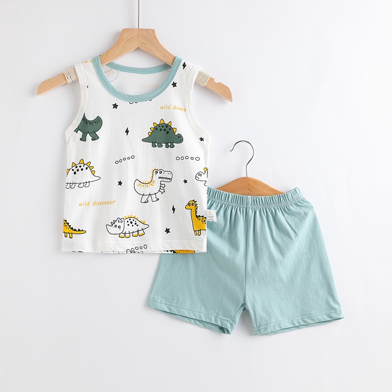 Bộ Áo Tank Top In Hình Khủng Long + Quần Short Vải Cotton Mềm Thoáng Khí Thời Trang Mùa Hè Cho Bé Trai