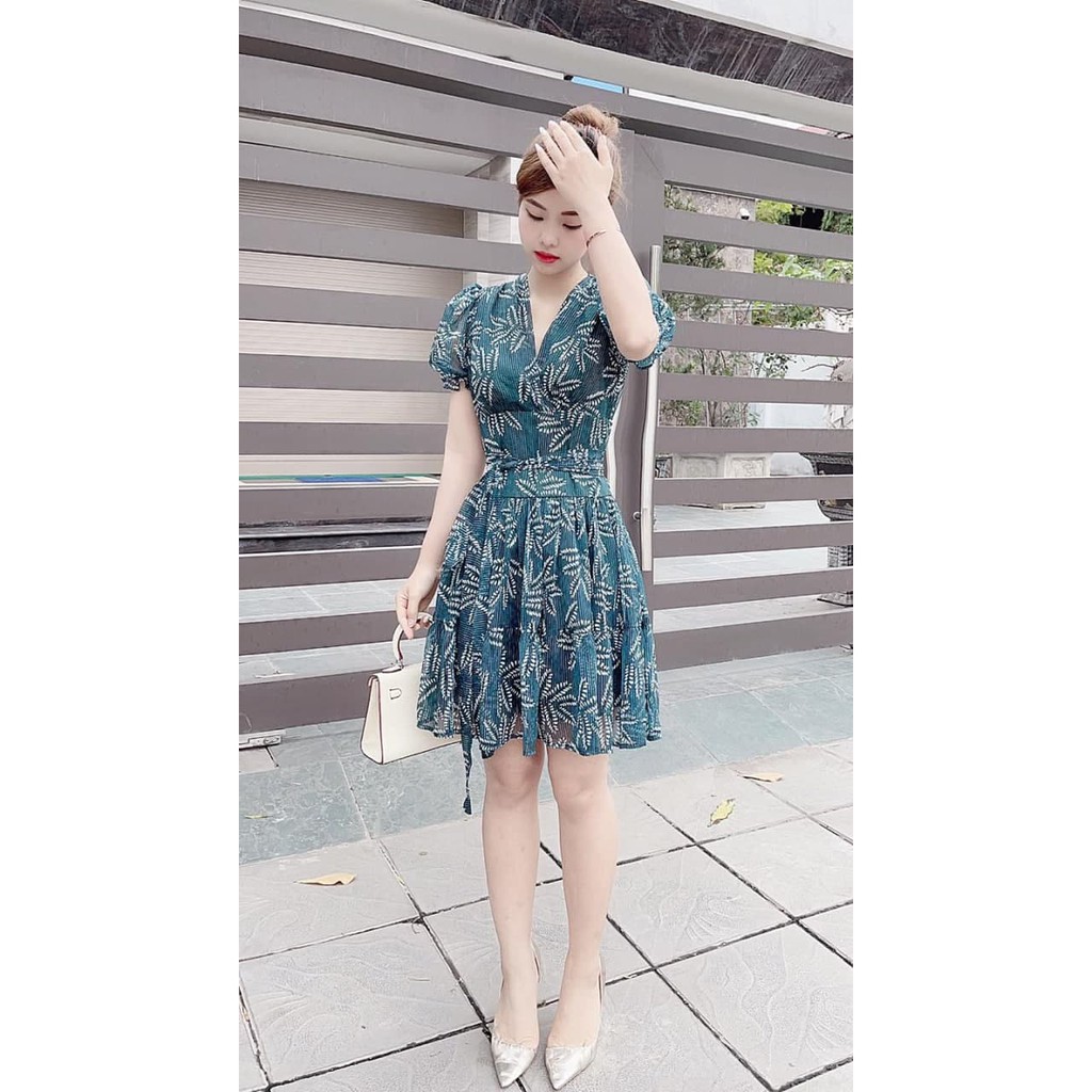 Váy hoa xanh lá tay ngắn cổ V V1893 -DVC phân phối chính thức