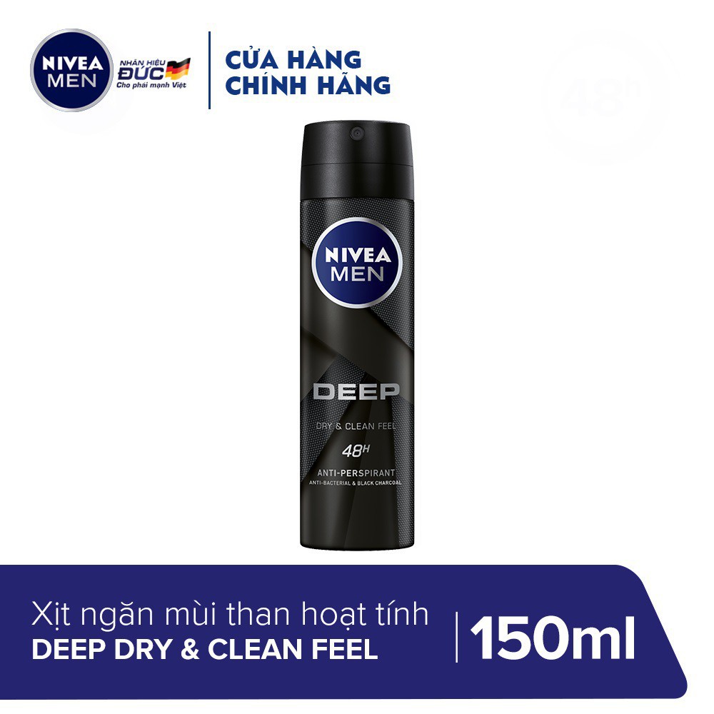 Khử mùi Nam thơm mát suốt 48h than hoạt tính Nivea Men Dry &amp; Clean Feel - hàng Chính hãng