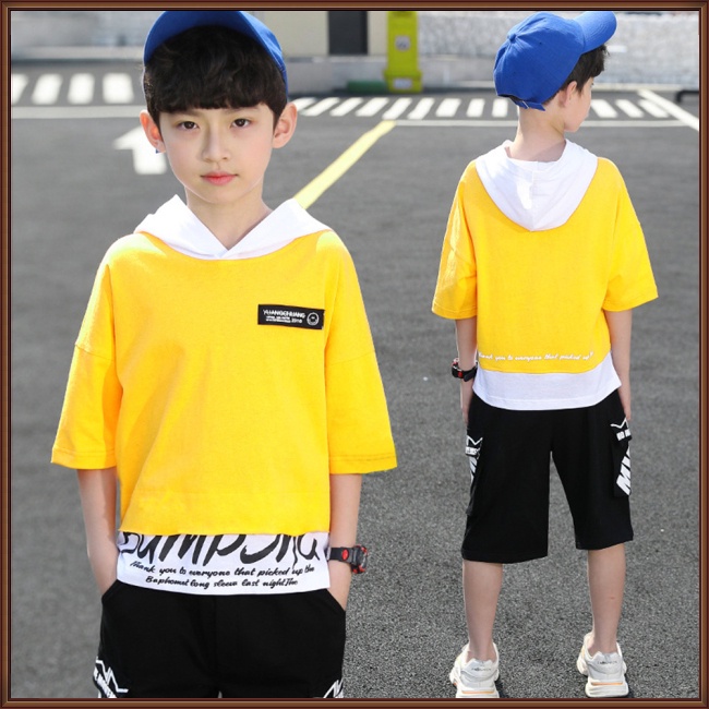 Set Đồ 2 Món Gồm Áo Thun Cotton Tay Cộc Có Mũ Trùm In Chữ + Quần Short Thời Trang Cho Bé Trai