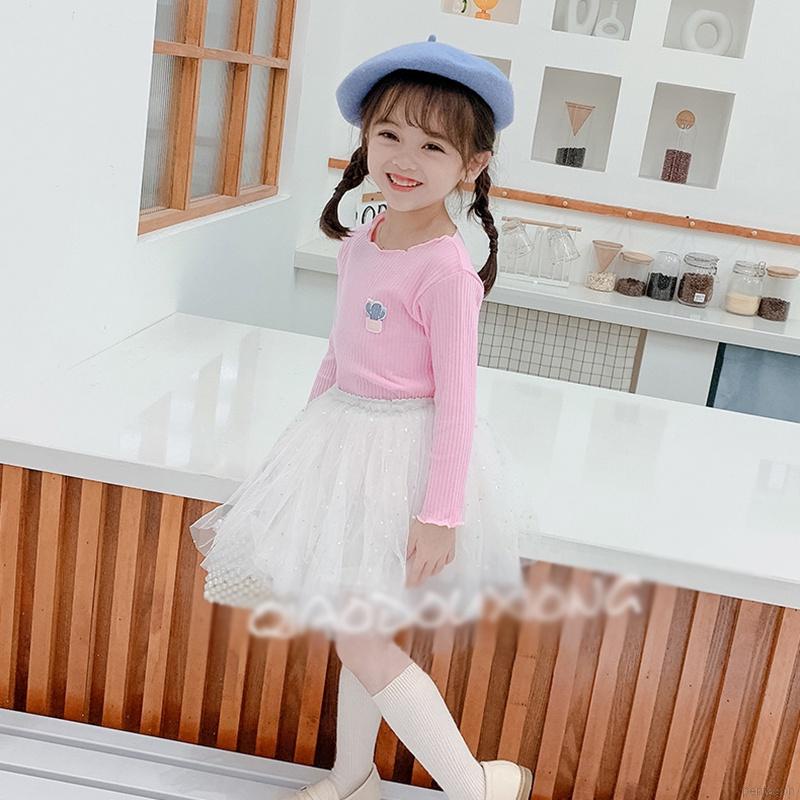 Áo thun tay dài viền bèo màu trơn dành cho bé gái