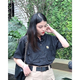 Áo Sơ Mi Nữ Tay Ngắn Form Rộng Sơ Mi Nữ Cổ Bẻ Túi Hộp Phong Cách Năng Động Cá Tính 3 Màu Đen Trắng Be HYKOS 10110