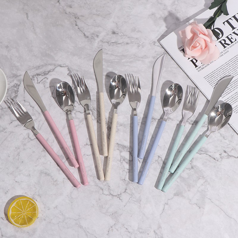 [baishangworshipwell♥]3*Stainless Steel Tableware With Wheat Straw Handle Knife Fork Spoon Dinner Set