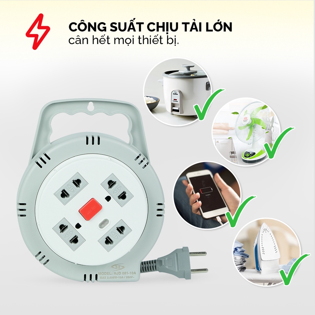 Ổ cắm điện tròn xoay tay Honjianda Mã 08 Dây 5m/10m - chính hãng