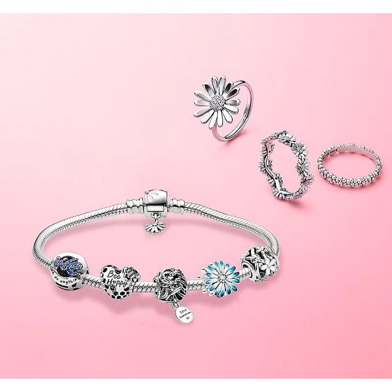 hạt charm pan hoa cúc xanh bạc s925