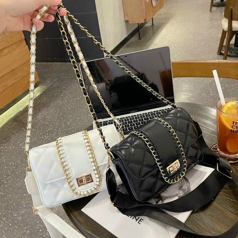 Túi đeo chéo kẹp nách nữ kèm dây da pha xích, dây bản to đi học đi chơi siêu đẹp