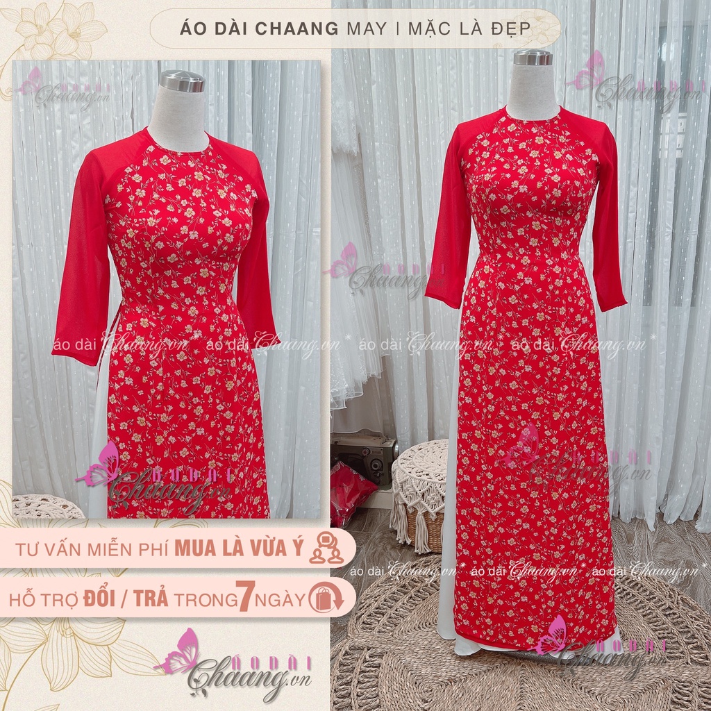 Áo Dài Hoa Nhí Đỏ Cổ Tròn 4 Tà Truyền Thống May Sẵn Form Mặc Đẹp HN322