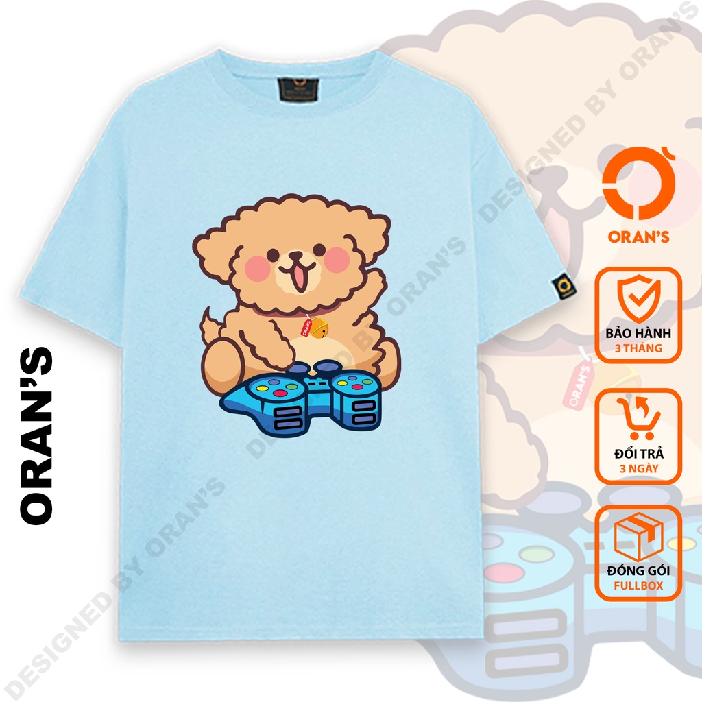 Áo thun tay lỡ ORAN'S Couple Tee in hình chó Poodle nâu chơi game 12 áo đôi nam nữ Oversize chất cotton FULLBOX - ORANS