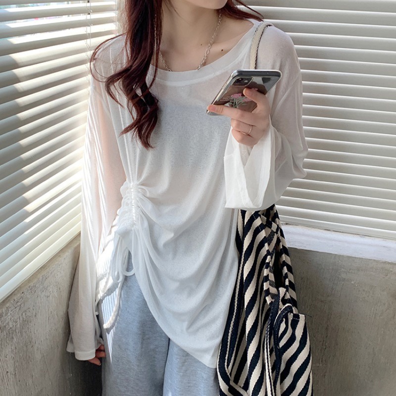 Áo thun dài tay mỏng nhẹ rút dây form rộng style cá tính mùa thu Hàn Quốc