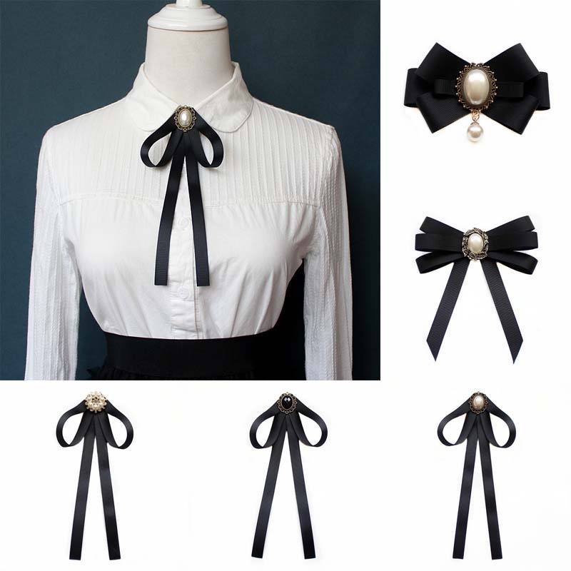 Nơ Cài Cổ Áo Đính Đá Pha Lê Và Ngọc Trai Màu Đen Phong Cách Hàn Quốc Cho Nữ