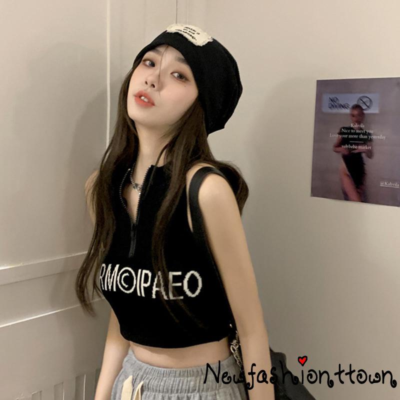 Áo Croptop Trễ Vai Không Tay Khóa Kéo Trước Màu Trắng / Đen Thời Trang Mùa Hè Cho Nữ