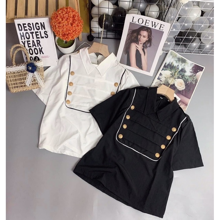 Áo sơ mi nữ tay ngắn- áo kiểu thủy thủ phối cúc